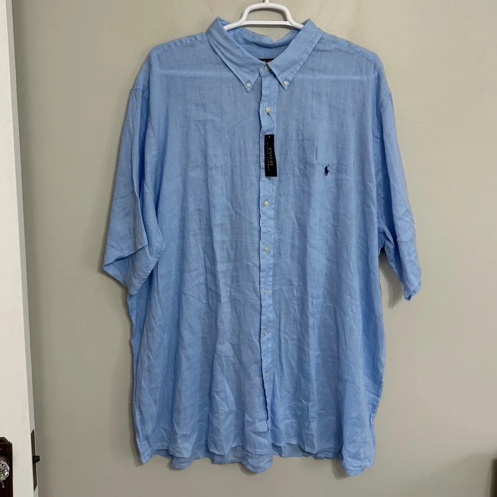 NEW Polo Ralph Lauren Mens 4XLT Blue 100% Linen Short Sleeve Button Down Shirt
